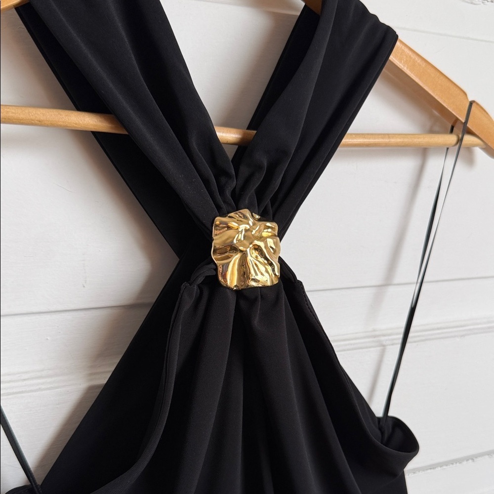 Zara Black Fitted Wrap Midi Dress Gold Neck Detail Criss-cross Back Slit NWT S - Picture 11 of 16